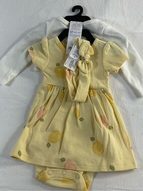 child of mine Yellow Lemon Print 3 pieces  set. Dress with Headband New with tag